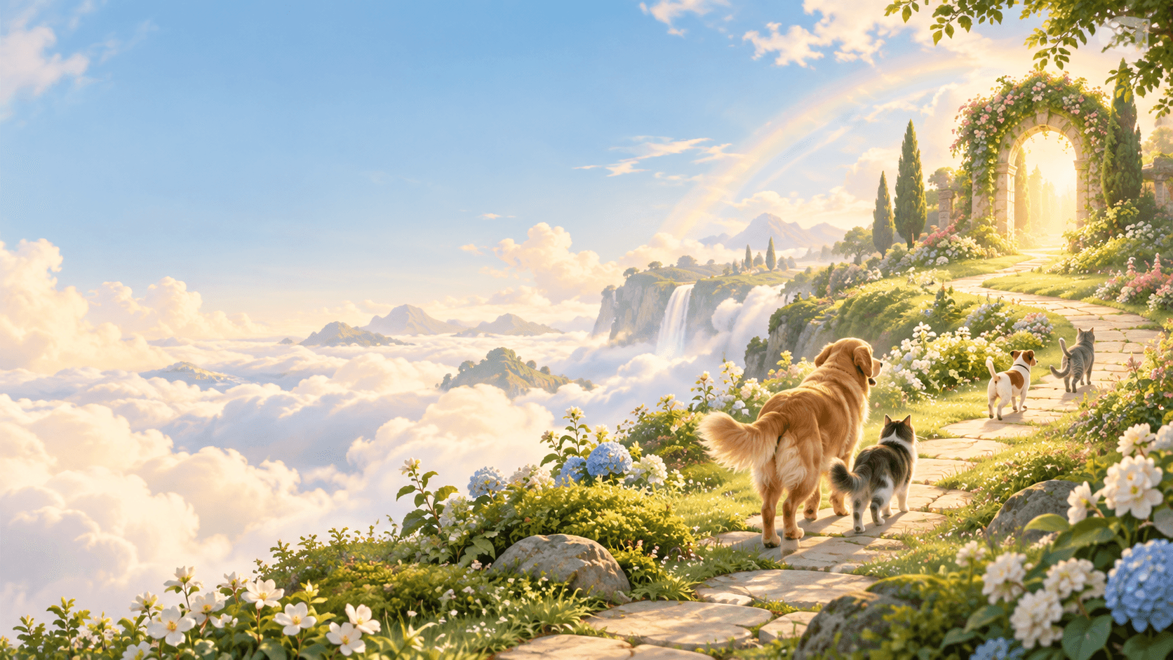 Pets exploring a peaceful garden in Pet Heaven