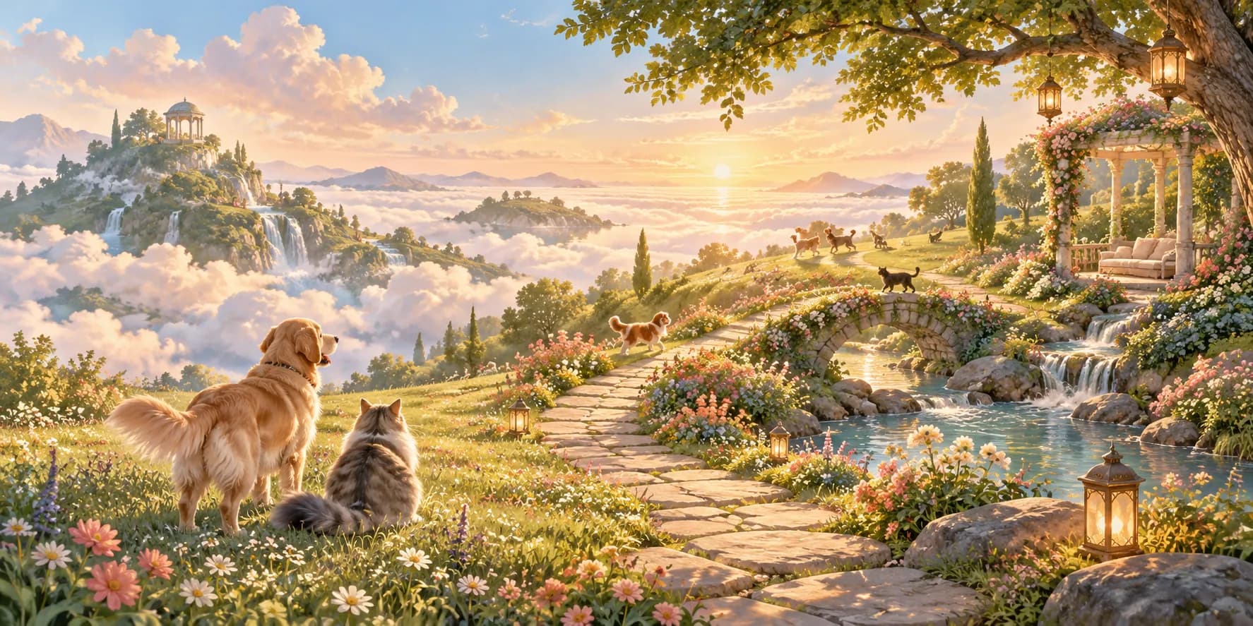 A bright garden world with paths, flowers and pets