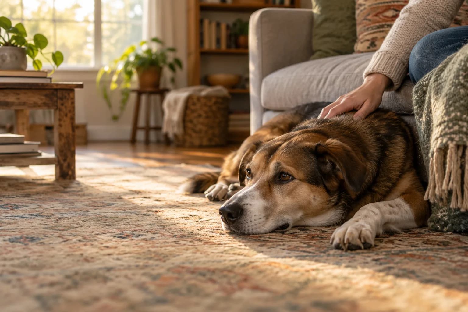 A beloved dog resting beside a family member in a warm, lived-in home