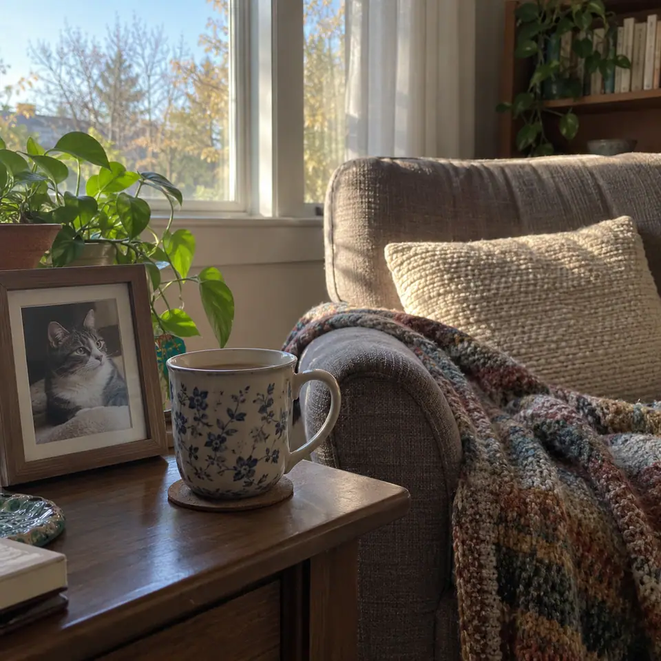 A warm mug and framed cat photograph beside an empty chair in morning light