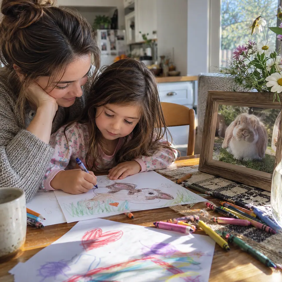 A parent and child drawing beside a framed photograph of a rabbit