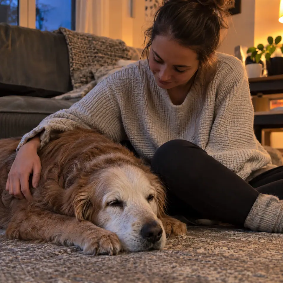 A person sitting quietly with an old dog in warm evening light