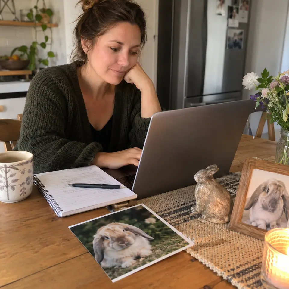 A person beginning a pet tribute beside a rabbit photograph and notebook