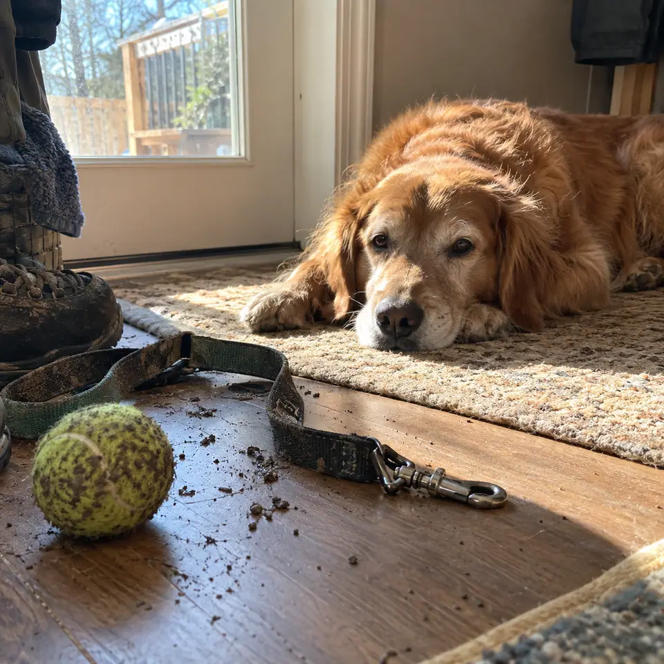 A dog resting in a patch of sunlight beside a muddy leash and worn tennis ball