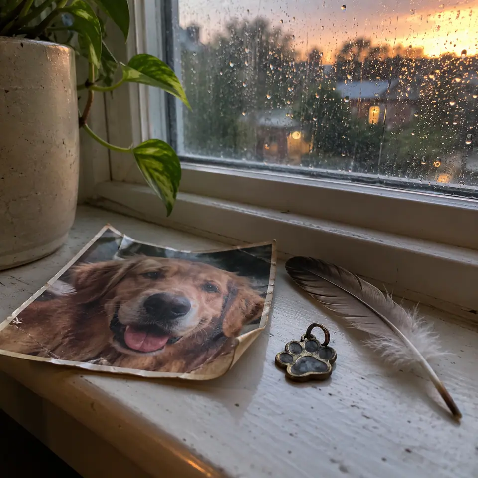 A worn pet photograph, feather and collar charm on a rainy windowsill