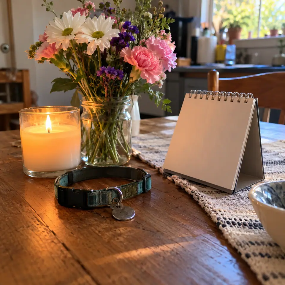 Flowers, a candle and a pet collar arranged on a table for a special date