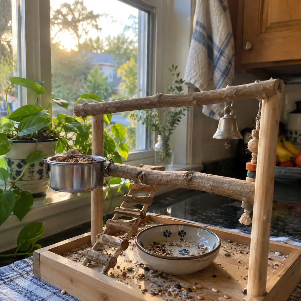 An empty bird perch, bell and seed dish beside a sunlit kitchen window